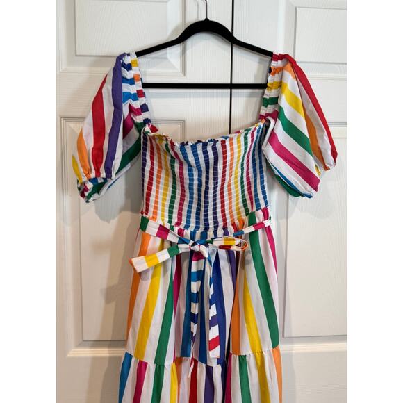 Vintage Y2K NY & Co Rainbow Striped Off Shoulder Maxi Dress Tiered Smock Belted - Picture 4 of 7